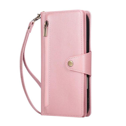 Rivet Buckle 9 Cards Three Fold Leather Phone Case