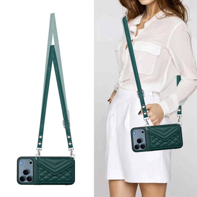 Rhombic Texture Card Bag RFID Phone Case with Long Lanyard