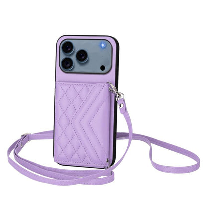 Rhombic Texture Card Bag RFID Phone Case with Long Lanyard
