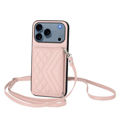 Rhombic Texture Card Bag RFID Phone Case with Long Lanyard