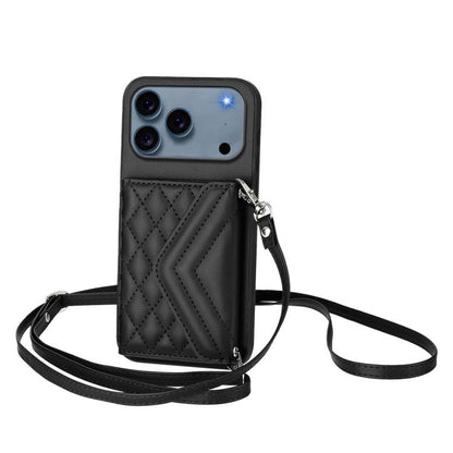 Rhombic Texture Card Bag RFID Phone Case with Long Lanyard