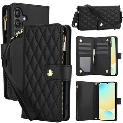 YM016 Rhombic Zipper Card Wallet Leather Phone Case with Lanyard