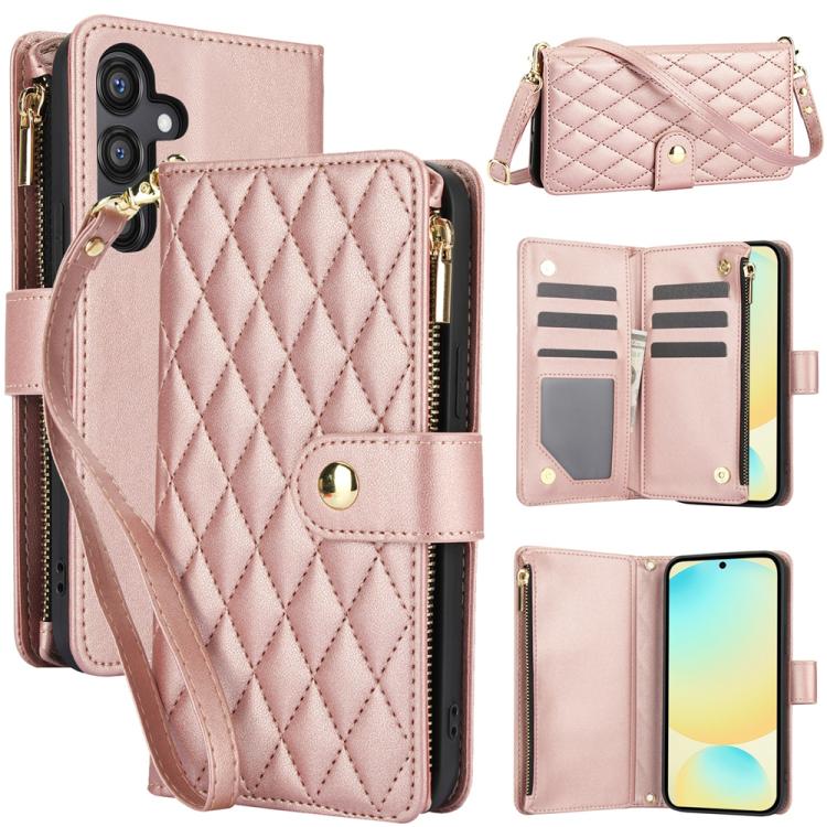YM016 Rhombic Zipper Card Wallet Leather Phone Case with Lanyard