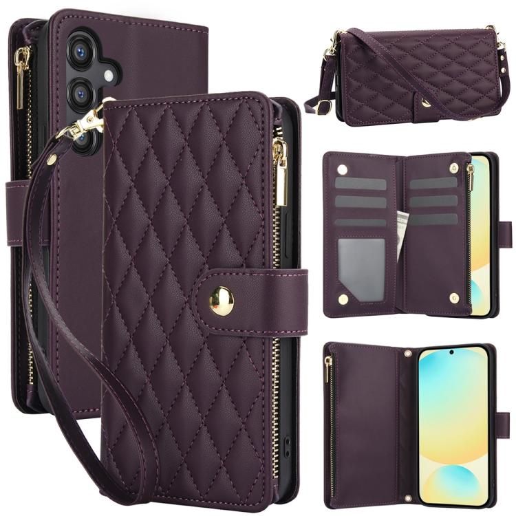 YM016 Rhombic Zipper Card Wallet Leather Phone Case with Lanyard