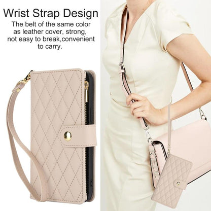 YM016 Rhombic Zipper Card Wallet Leather Phone Case with Lanyard