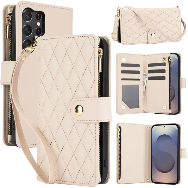 YM016 Rhombic Zipper Card Wallet Leather Phone Case with Lanyard