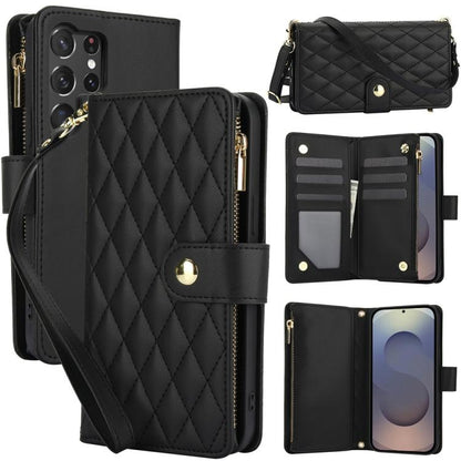 YM016 Rhombic Zipper Card Wallet Leather Phone Case with Lanyard