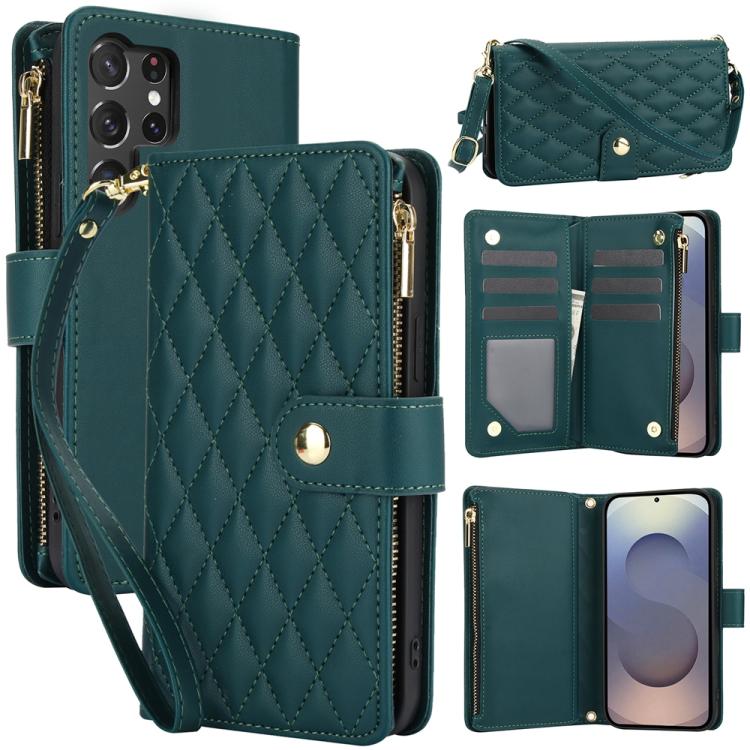 YM016 Rhombic Zipper Card Wallet Leather Phone Case with Lanyard