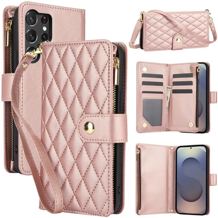 YM016 Rhombic Zipper Card Wallet Leather Phone Case with Lanyard