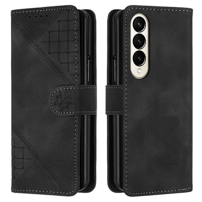 YX0080 Grid Butterfly Embossed Pattern Flip Leather Phone Case with Lanyard