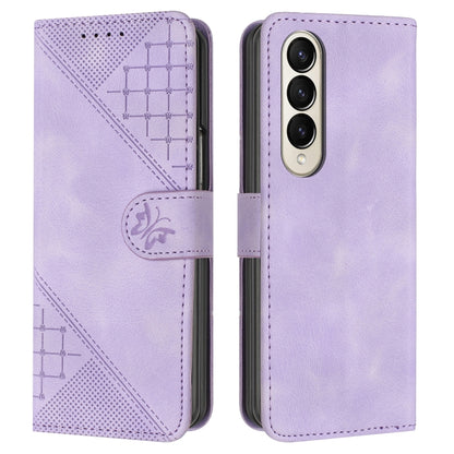 YX0080 Grid Butterfly Embossed Pattern Flip Leather Phone Case with Lanyard