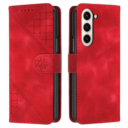 YX0080 Grid Butterfly Embossed Pattern Flip Leather Phone Case with Lanyard
