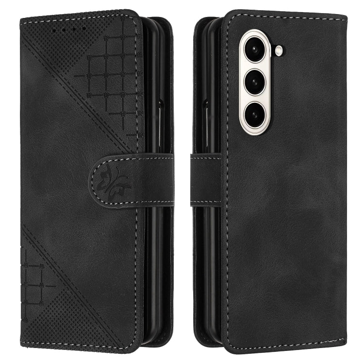 YX0080 Grid Butterfly Embossed Pattern Flip Leather Phone Case with Lanyard
