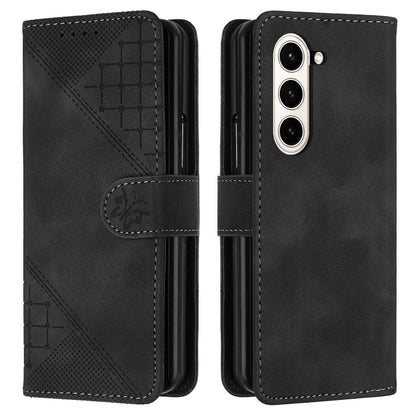 YX0080 Grid Butterfly Embossed Pattern Flip Leather Phone Case with Lanyard