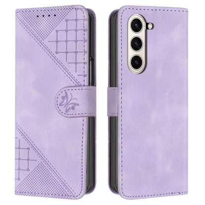 YX0080 Grid Butterfly Embossed Pattern Flip Leather Phone Case with Lanyard