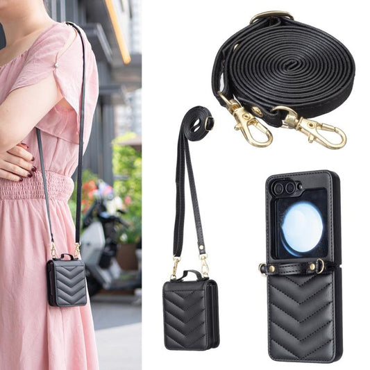 Wave-shaped Crossbody Lanyard Leather Phone Case, For Samsung Galaxy Z Flip7, For Samsung Galaxy Z Flip6, For Samsung Galaxy Z Flip5, For Samsung Galaxy Z Flip4, For Samsung Galaxy Z Flip3