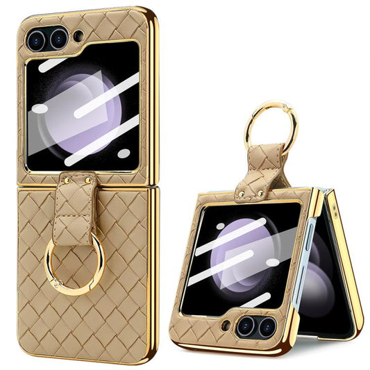 VIETAO Woven Leather Metal Ring Phone Case, For Samsung Galaxy Z Flip6 / Flip7 FE, For Samsung Galaxy Z Flip5