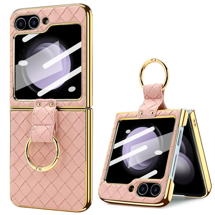 VIETAO Woven Leather Metal Ring Phone Case, For Samsung Galaxy Z Flip6 / Flip7 FE, For Samsung Galaxy Z Flip5