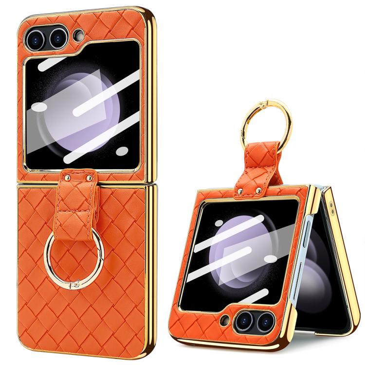 VIETAO Woven Leather Metal Ring Phone Case, For Samsung Galaxy Z Flip6 / Flip7 FE, For Samsung Galaxy Z Flip5