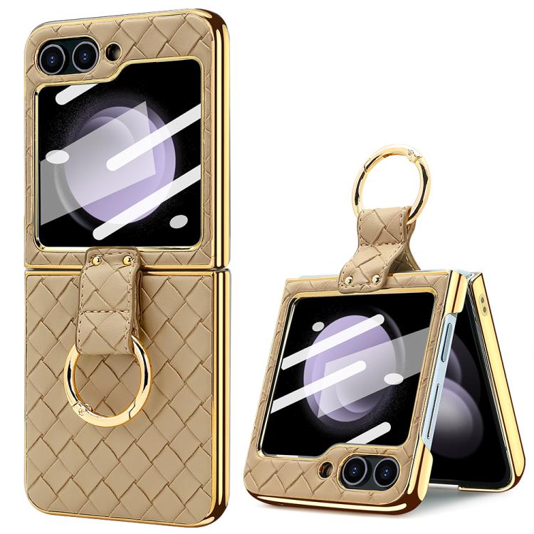 VIETAO Woven Leather Metal Ring Phone Case, For Samsung Galaxy Z Flip6 / Flip7 FE, For Samsung Galaxy Z Flip5