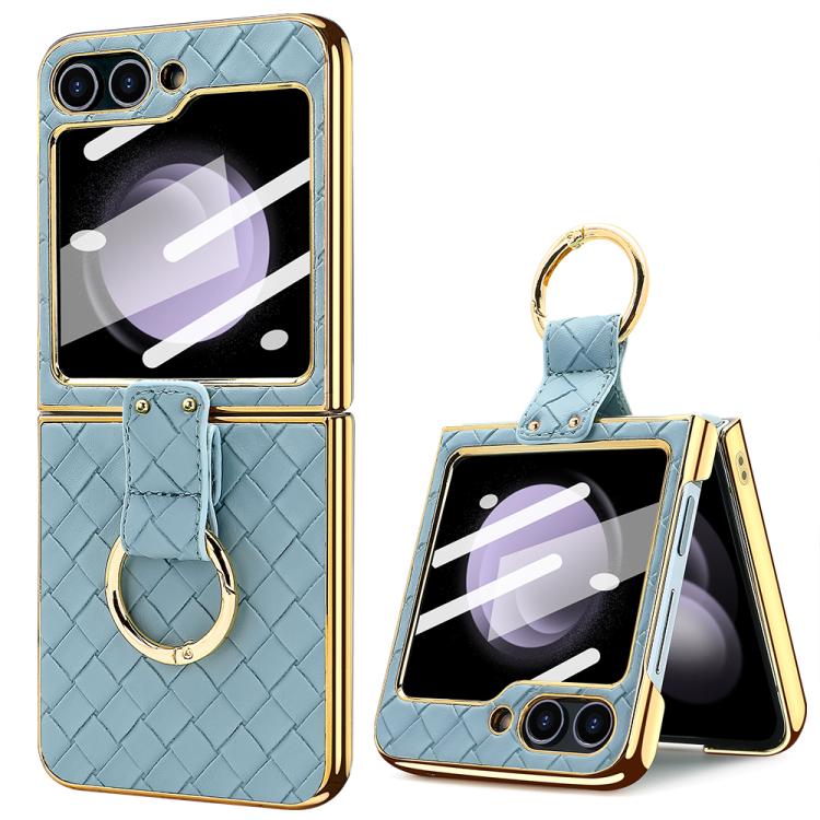 VIETAO Woven Leather Metal Ring Phone Case, For Samsung Galaxy Z Flip6 / Flip7 FE, For Samsung Galaxy Z Flip5