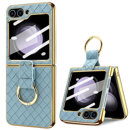 VIETAO Woven Leather Metal Ring Phone Case, For Samsung Galaxy Z Flip6 / Flip7 FE, For Samsung Galaxy Z Flip5