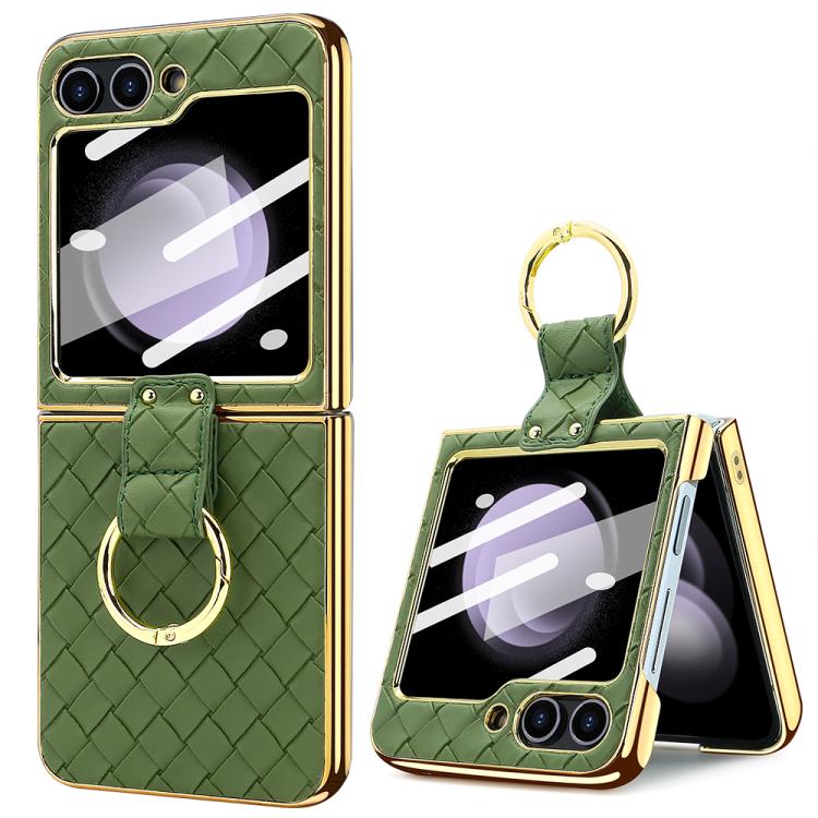 VIETAO Woven Leather Metal Ring Phone Case, For Samsung Galaxy Z Flip6 / Flip7 FE, For Samsung Galaxy Z Flip5