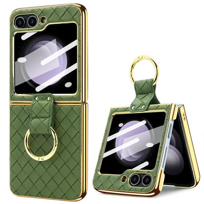 VIETAO Woven Leather Metal Ring Phone Case, For Samsung Galaxy Z Flip6 / Flip7 FE, For Samsung Galaxy Z Flip5