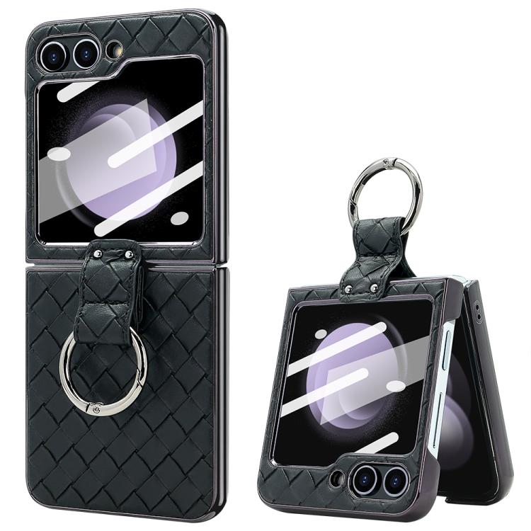 VIETAO Woven Leather Metal Ring Phone Case, For Samsung Galaxy Z Flip6 / Flip7 FE, For Samsung Galaxy Z Flip5