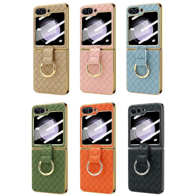 VIETAO Woven Leather Metal Ring Phone Case, For Samsung Galaxy Z Flip6 / Flip7 FE, For Samsung Galaxy Z Flip5