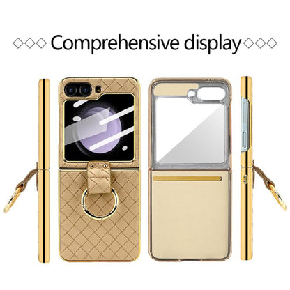 VIETAO Woven Leather Metal Ring Phone Case, For Samsung Galaxy Z Flip6 / Flip7 FE, For Samsung Galaxy Z Flip5