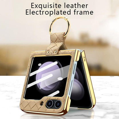 VIETAO Woven Leather Metal Ring Phone Case, For Samsung Galaxy Z Flip6 / Flip7 FE, For Samsung Galaxy Z Flip5