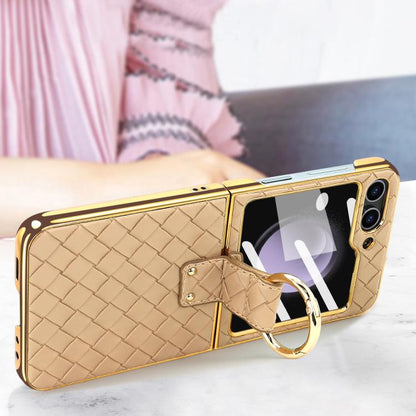 VIETAO Woven Leather Metal Ring Phone Case, For Samsung Galaxy Z Flip6 / Flip7 FE, For Samsung Galaxy Z Flip5
