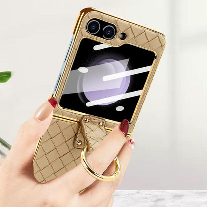 VIETAO Woven Leather Metal Ring Phone Case, For Samsung Galaxy Z Flip6 / Flip7 FE, For Samsung Galaxy Z Flip5
