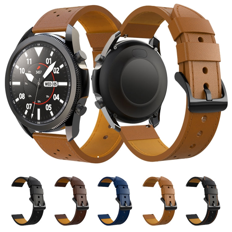 For Samsung Galaxy Watch 3 45mm Round Hole Line Genuine Leather Replacement Strap Watchband