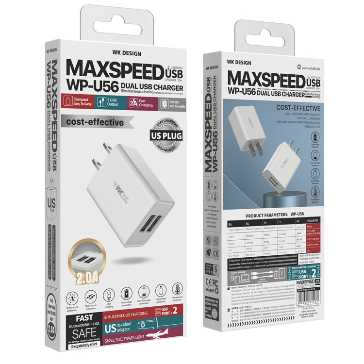 WK WP-U56 2A Dual USB Fast Charging Travel Charger Power Adapter, US Plug, US Plug