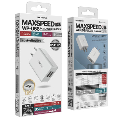 WK WP-U56 2A Dual USB Fast Charging Travel Charger Power Adapter, US Plug, US Plug