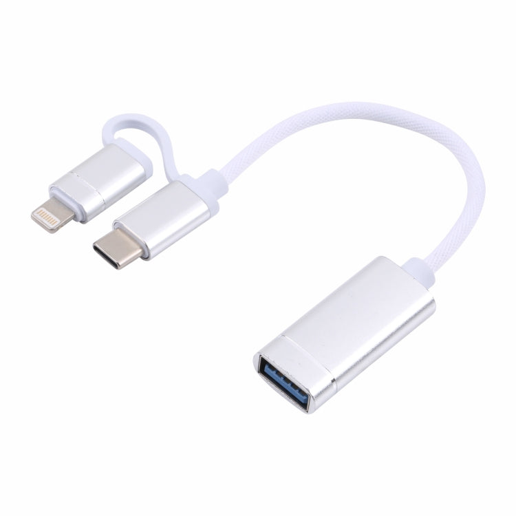 USB 3.0 Female to 8 Pin + USB-C / Type-C Male Charging + Transmission OTG Nylon Braided Adapter Cable, Cable Length: 11cm, 8 Pin Black, 8 Pin Silver + White, 8 Pin Red, 8 Pin Blue
