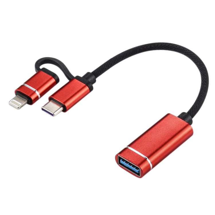 USB 3.0 Female to 8 Pin + USB-C / Type-C Male Charging + Transmission OTG Nylon Braided Adapter Cable, Cable Length: 11cm, 8 Pin Black, 8 Pin Silver + White, 8 Pin Red, 8 Pin Blue