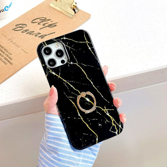 Thickened TPU Glazed Marble Pattern Case with Metallic Ring Holder