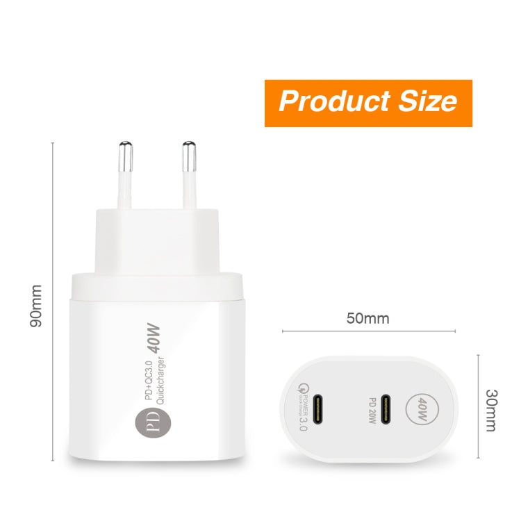 002 40W Dual Port PD / Type-C Fast Charger for iPhone / iPad Series, EU Plug