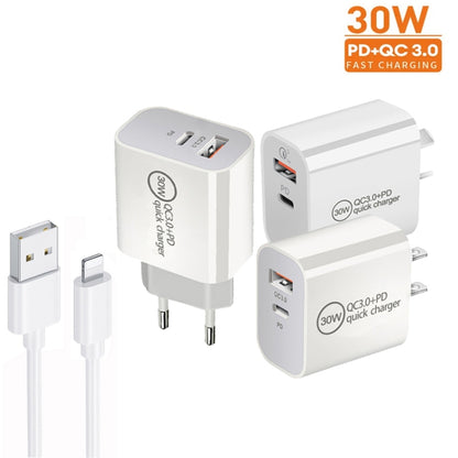 PD30W USB-C / Type-C + QC3.0 USB Dual Port Charger with 1m USB to 8 Pin Data Cable