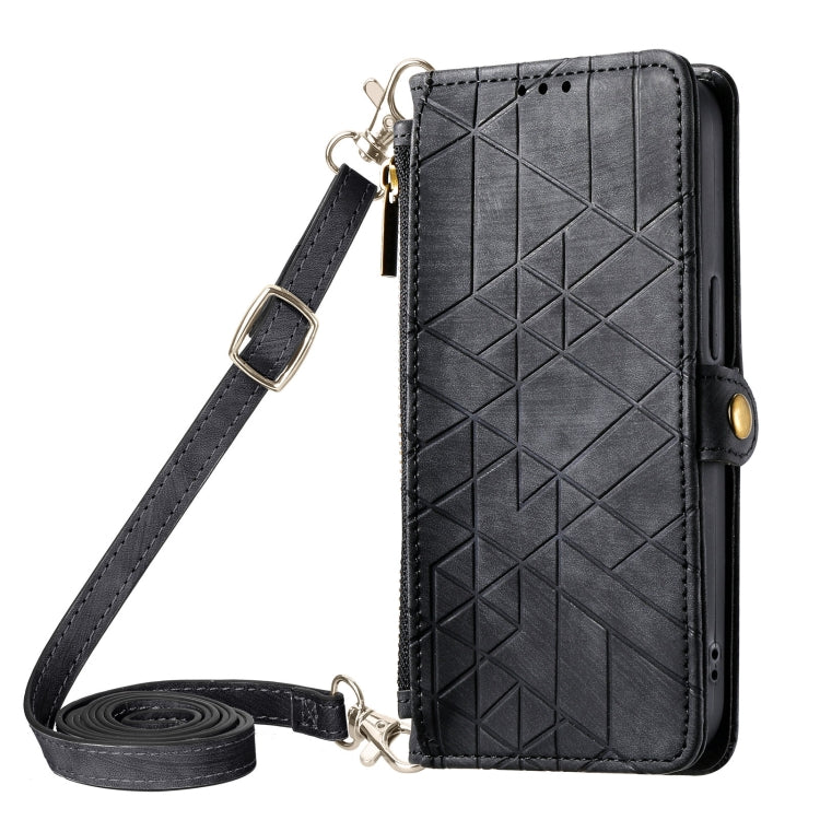 Geometric Zipper Wallet Side Buckle Leather Phone Case with Crossbody Lanyard