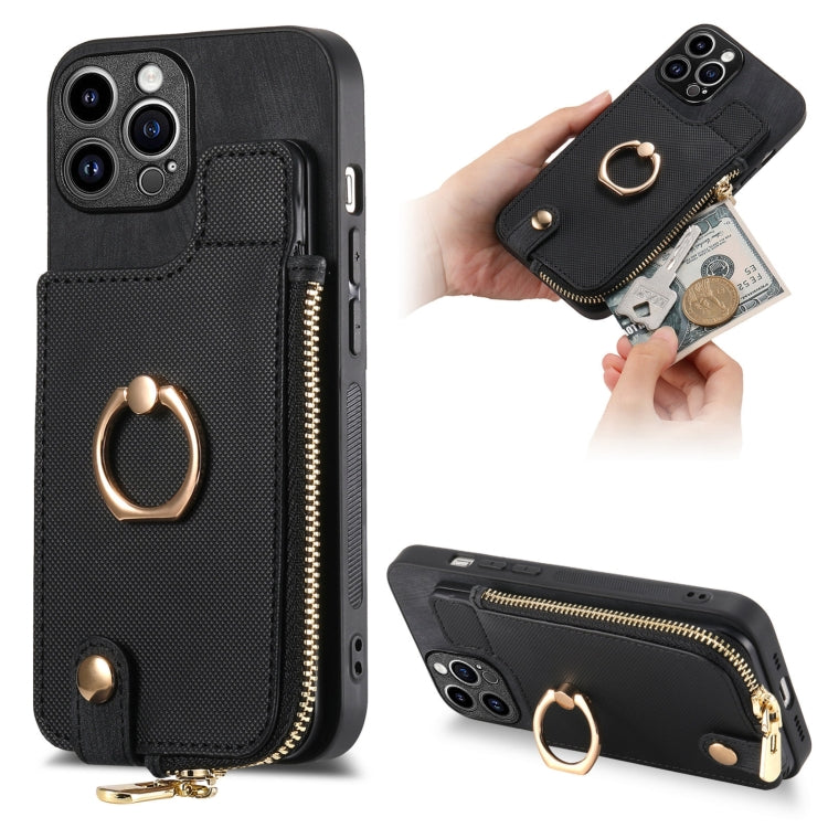Cross Leather Ring Vertical Zipper Wallet Back Phone Case