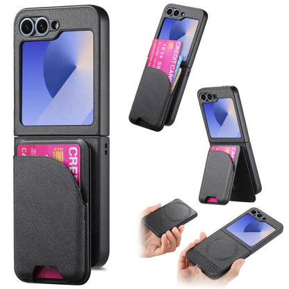 Twill Fabric Leather Skin Card Bag Magnetic Back Phone Case, For Samsung Galaxy Z Flip6, For Samsung Galaxy Z Flip5, For Samsung Galaxy Z Flip4, For Samsung Galaxy Z Flip3 5G