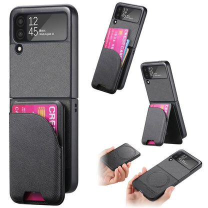 Twill Fabric Leather Skin Card Bag Magnetic Back Phone Case, For Samsung Galaxy Z Flip6, For Samsung Galaxy Z Flip5, For Samsung Galaxy Z Flip4, For Samsung Galaxy Z Flip3 5G