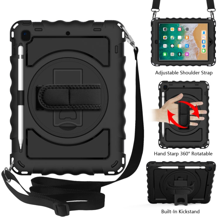 For iPad 9.7 (2018) & (2017) 360 Degree Rotation PC + Silicone Shockproof Combination Case with Holder & Hand Grip Strap & Neck Strap