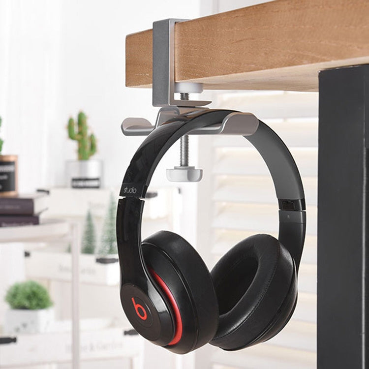 Universal Metal Headphone Double Bracket Headphone Hanger Desktop Lock Clip Headphone Display Shelf, Black, Silver