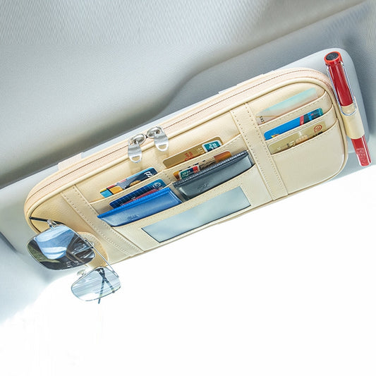 Car Driver License Storage Bag Sun Visor Sunglasses Card Holder, Beige, Black