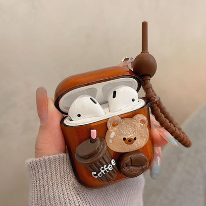 Cartoon 3D Coffee Bear Headphones Case Protective Shell Cover